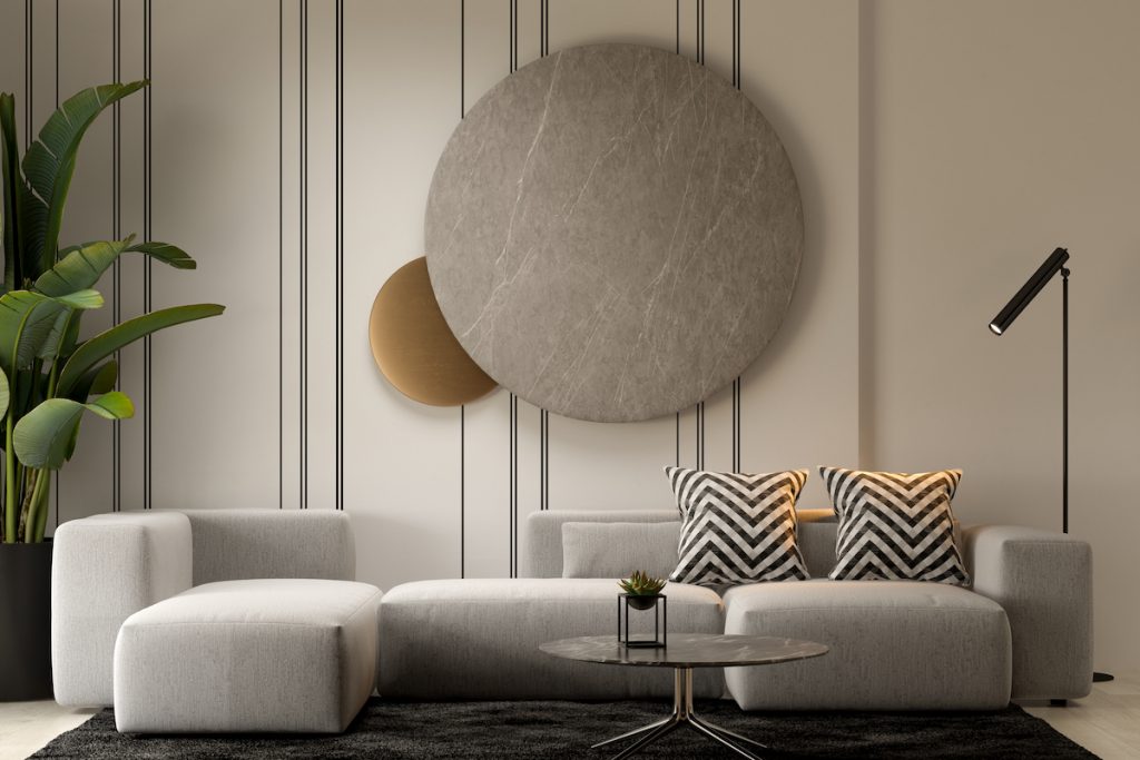minimalistic living space with piece of circular art