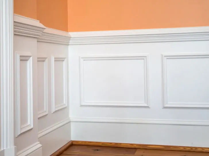 orange colored wall with white chair rail
