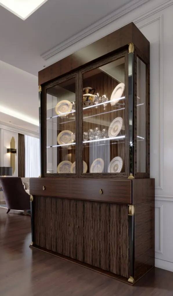 Glass Cabinet with dishes on the shelves and lighting in a modern classic style in the living room