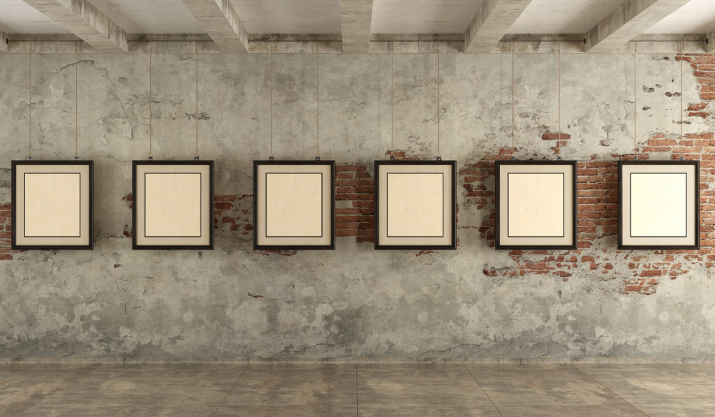 Grunge art gallery with frames hanging with ropes
